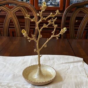 Gold tone Tree Jewelry Holder with enamel bowl Dish base